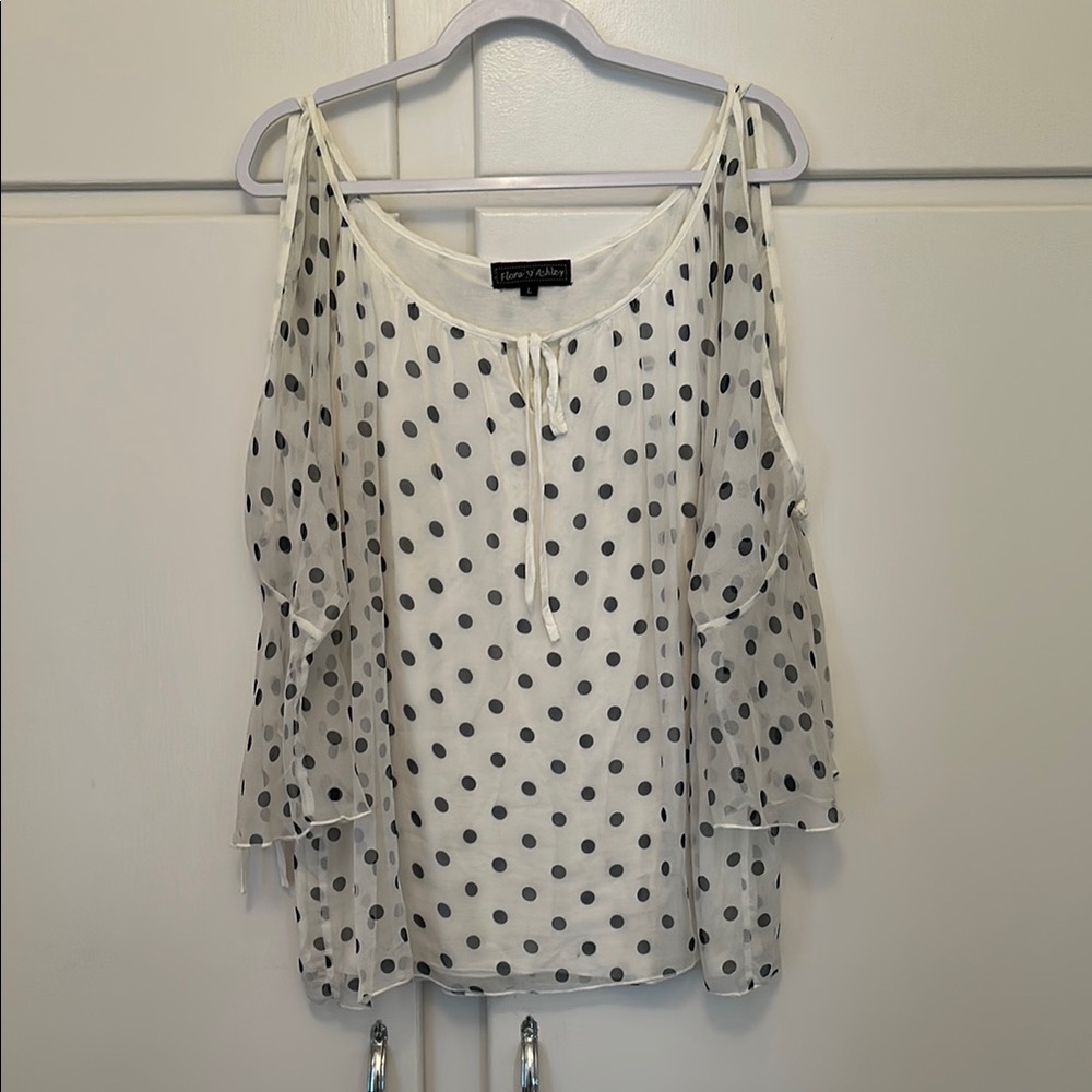 LIKE NEW White and Black Polka Dot Flora Ashley Blouse Open Sleeves